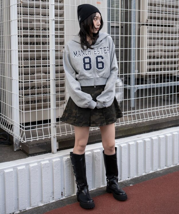 WEGO グラフィックショートZIPパーカー 杢グレー