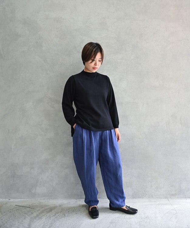 muuc 〈高品質ベルギーリネン100%〉ウエストゴムあり タックデザインスラックスパンツ ブルーネイビー