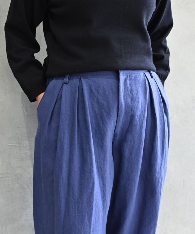muuc 〈高品質ベルギーリネン100%〉ウエストゴムあり タックデザインスラックスパンツ ブルーネイビー