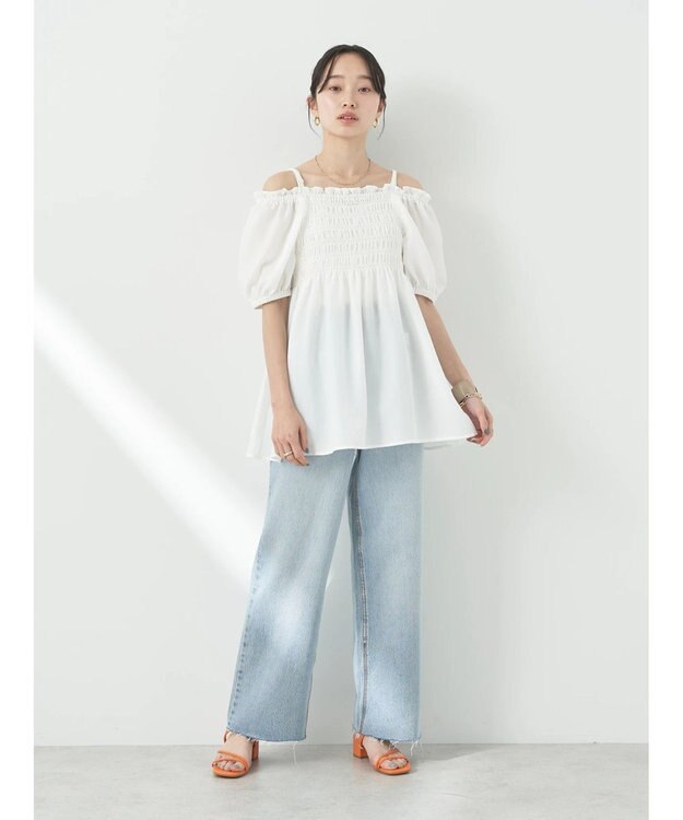 earth music&ecology ２ｗａｙショルダーシャーリングチュニック Off White