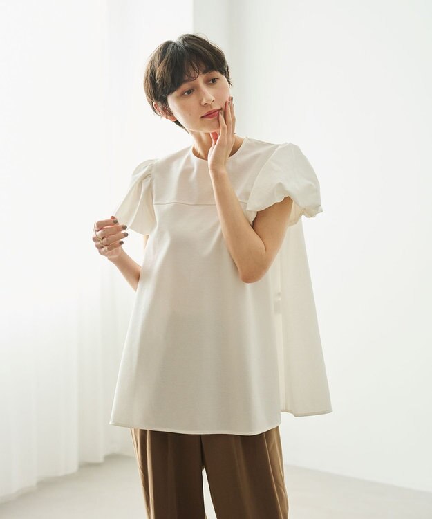#Newans 【洗える】Aラインパフスリーブカットソー ホワイト