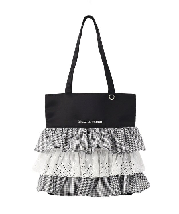 Maison de FLEUR サテンフロントフリルスクエアトートバッグ Gingham Check