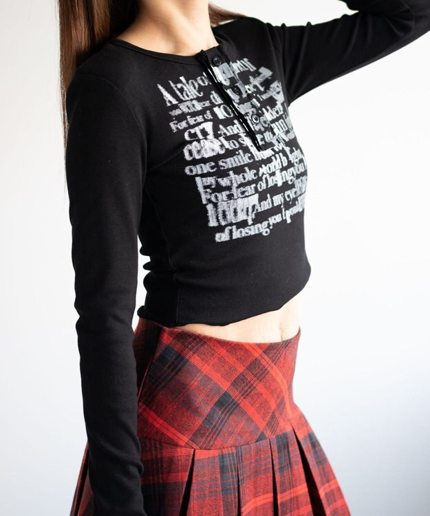 WEGO ヘンリーネックグラフィックピチトップス ブラック