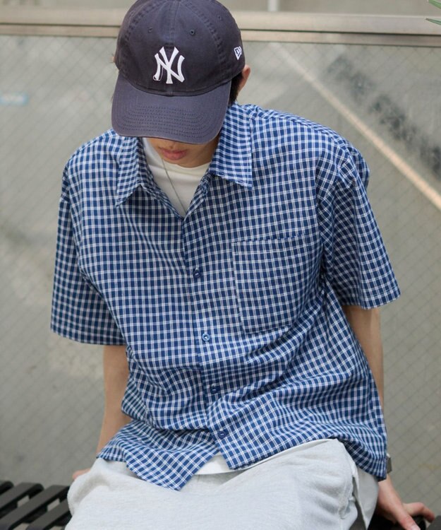 WEGO クロップドSSマイクロチェックシャツ ブルーチェック1