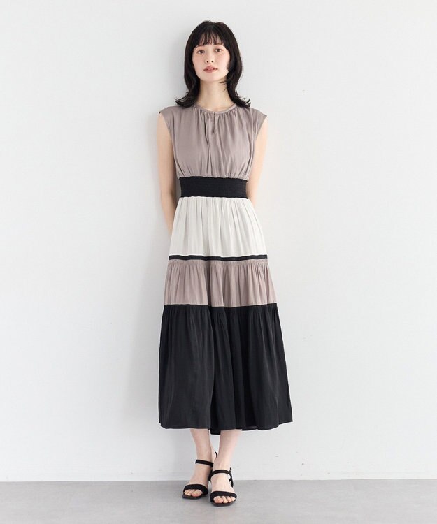 YECCA VECCA マルチカラーシャーリングワンピース Beige