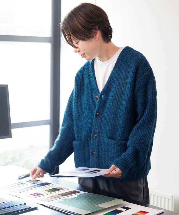 UNFILO MENS 【男女兼用】へアリー ニットカーディガン ブルー グリーン