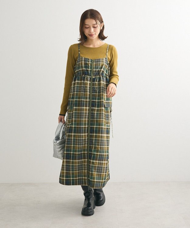 Green Parks もちっと袖配色ボートネックニットプルオーハ Green