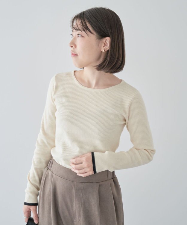 Green Parks もちっと袖配色ボートネックニットプルオーハ Ecru