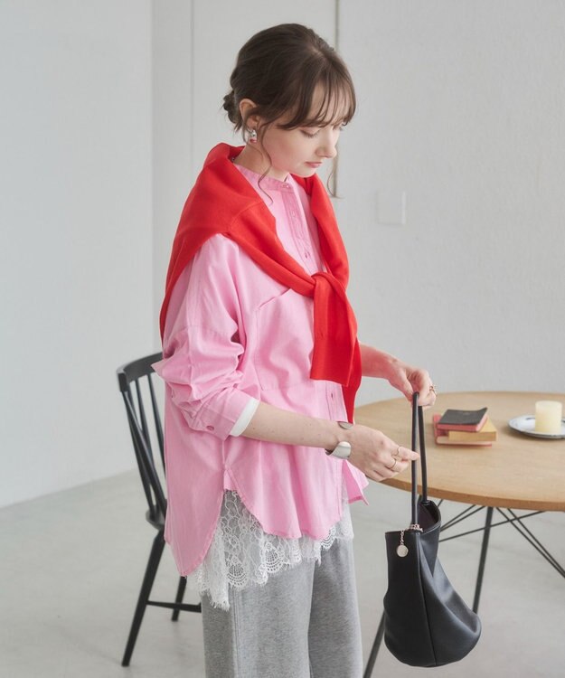 WEGO 着丈が選べる オーバーサイズ バンドカラー シャツ / ストライプ / 無地 ライトピンク