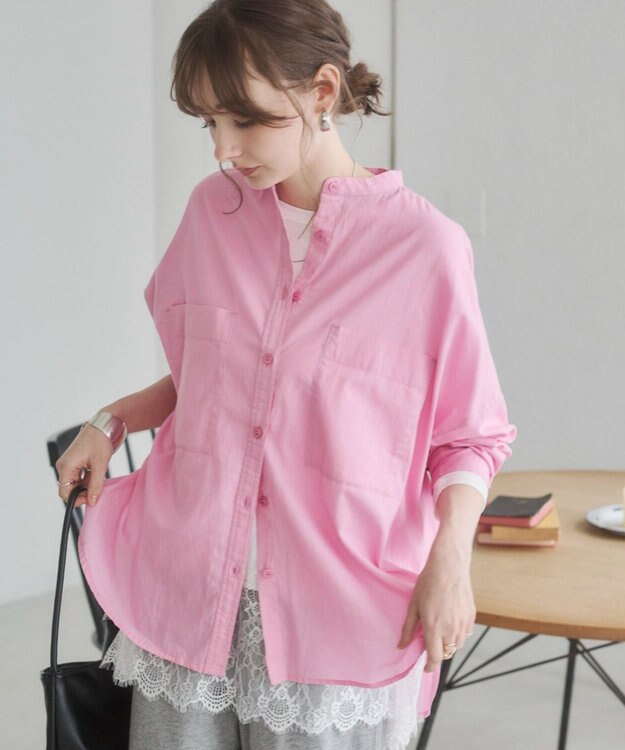 WEGO 着丈が選べる オーバーサイズ バンドカラー シャツ / ストライプ / 無地 ライトピンク