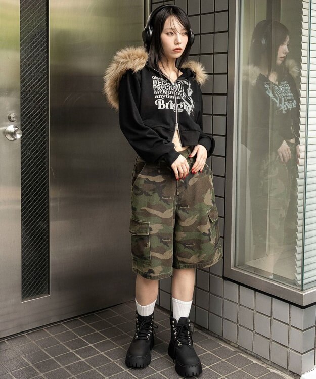 WEGO ファーフードショートZIPパーカー ブラック