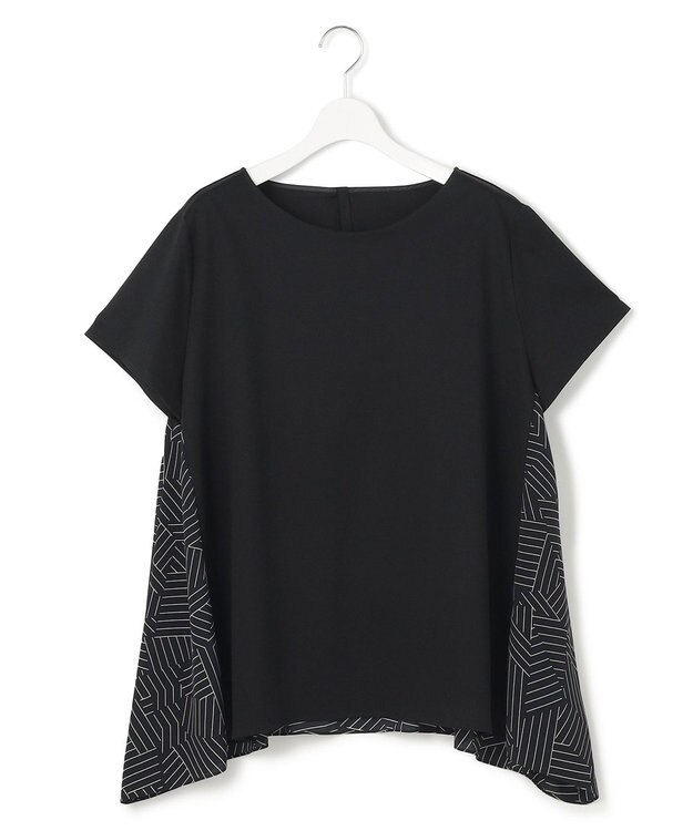 23区 L 【Lサイズ限定/洗える】スカーフプリントコンビ バックフレア カットソー ブラック×ベージュ