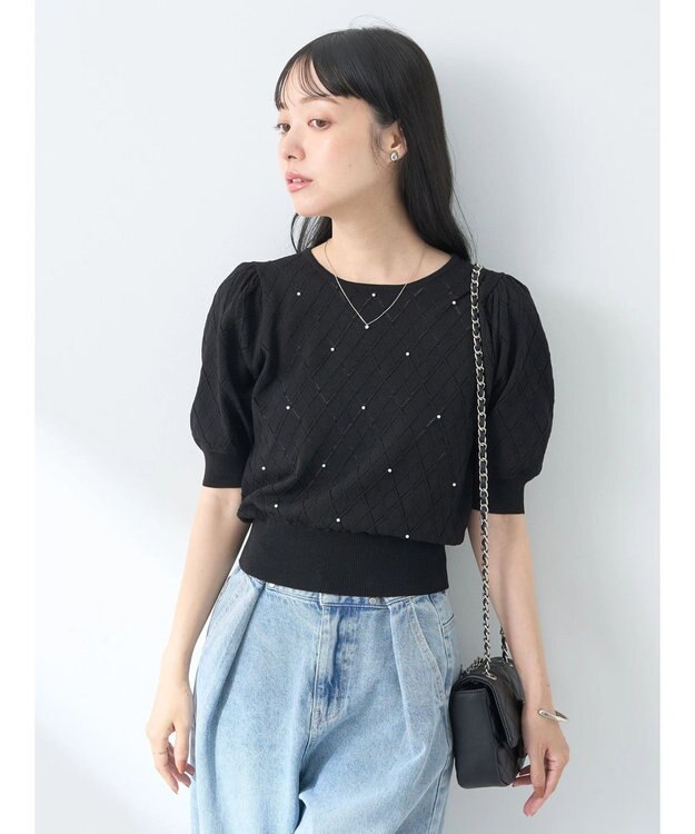 earth music&ecology アーガイルスカシパールニットプルオーバー Black