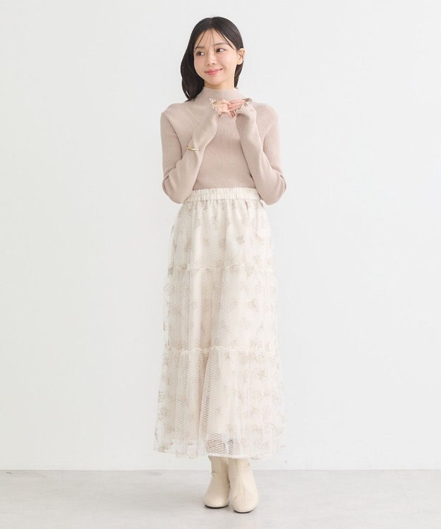 earth music&ecology フラワー刺繍チュールスカート Ivory