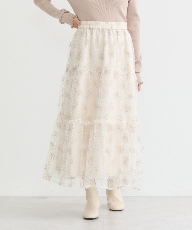 earth music&ecology フラワー刺繍チュールスカート Ivory