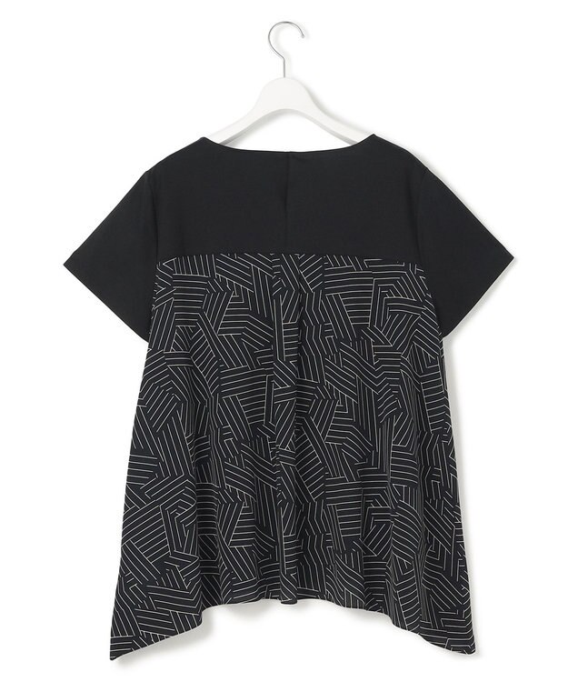 23区 L 【Lサイズ限定/洗える】スカーフプリントコンビ バックフレア カットソー ブラック×ベージュ