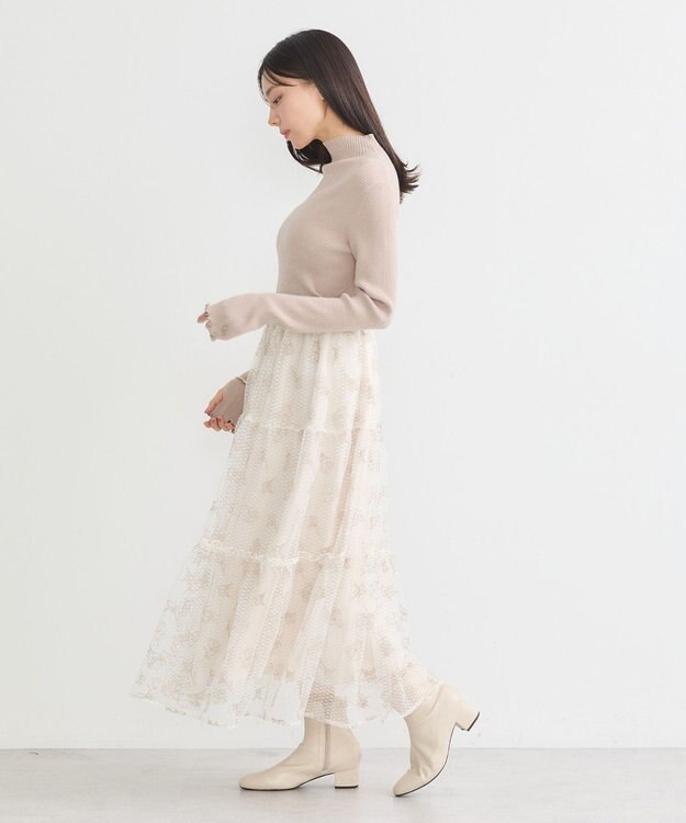 earth music&ecology フラワー刺繍チュールスカート Ivory