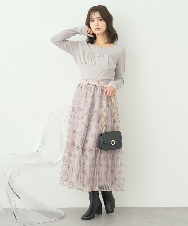 earth music&ecology フラワー刺繍チュールスカート Grayish Pink