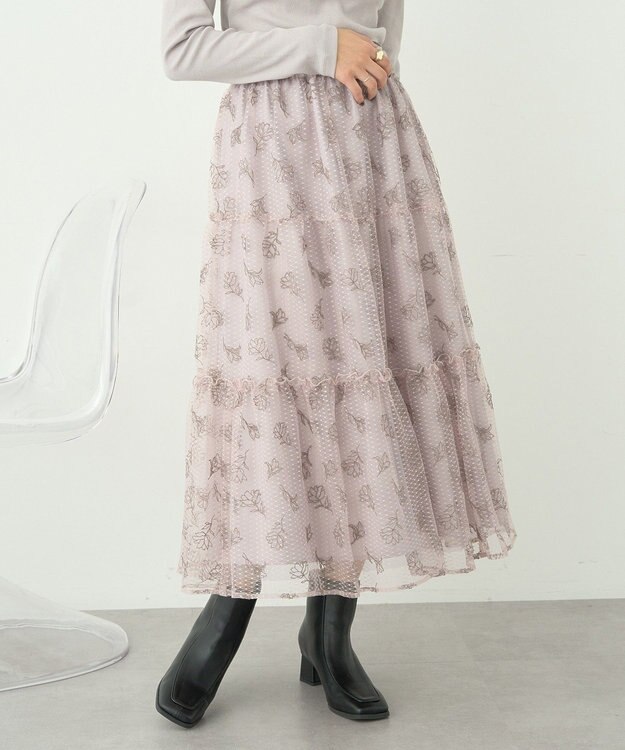 earth music&ecology フラワー刺繍チュールスカート Grayish Pink