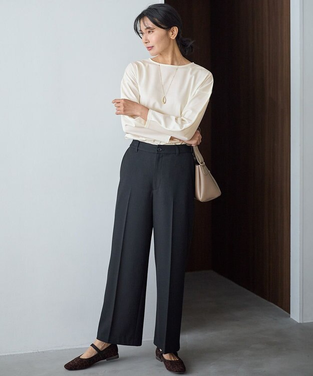 ANY L 【洗濯機可/ストレッチ/ウエストゴム/裏起毛】マルチファンクションストレッチワイドパンツ ブラック