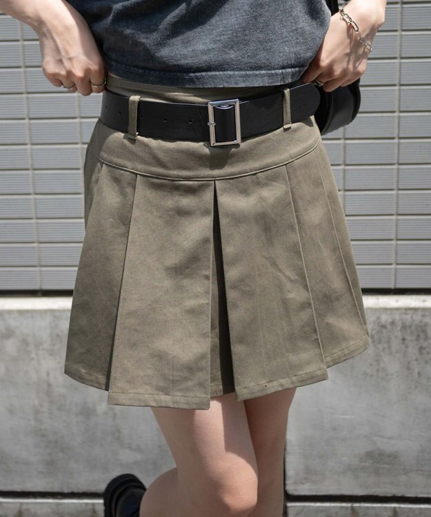 WEGO ベルト付チノプリーツスカパン カーキ