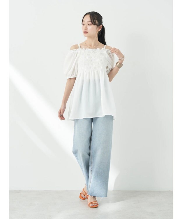 earth music&ecology ２ｗａｙショルダーシャーリングチュニック Off White