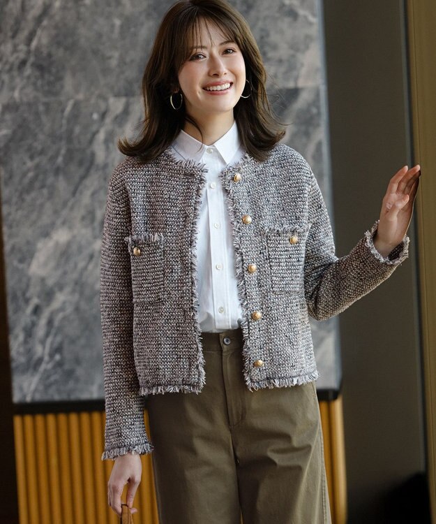 23区 【見上愛さん着用/新色追加/GLOW掲載】ツイード ニット ジャケット ライトグレーミックス