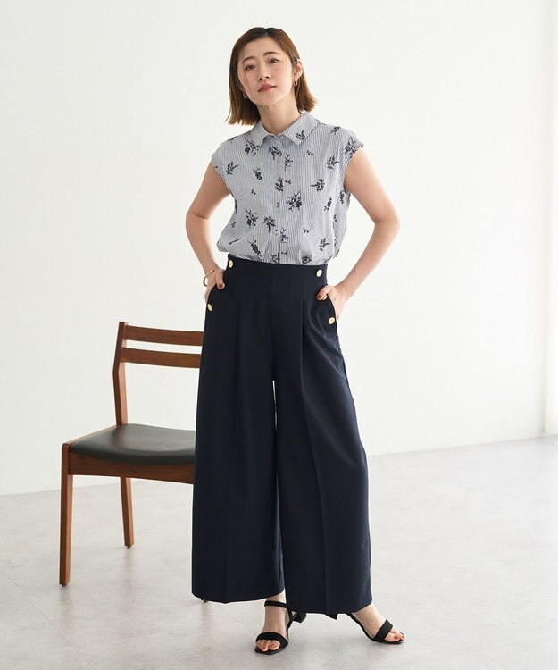 YECCA VECCA ストライプ柄フラワー刺繍シャツ Navy