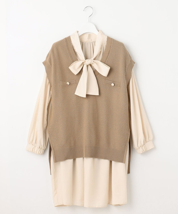 Feroux 【セットアイテム】2WAYリボンタイ ワンピース × ニット ベスト ベージュ系