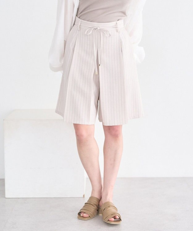 earth music&ecology 【セットアップ対応】ウエストリボンバミューダパンツ Stripe Ivory