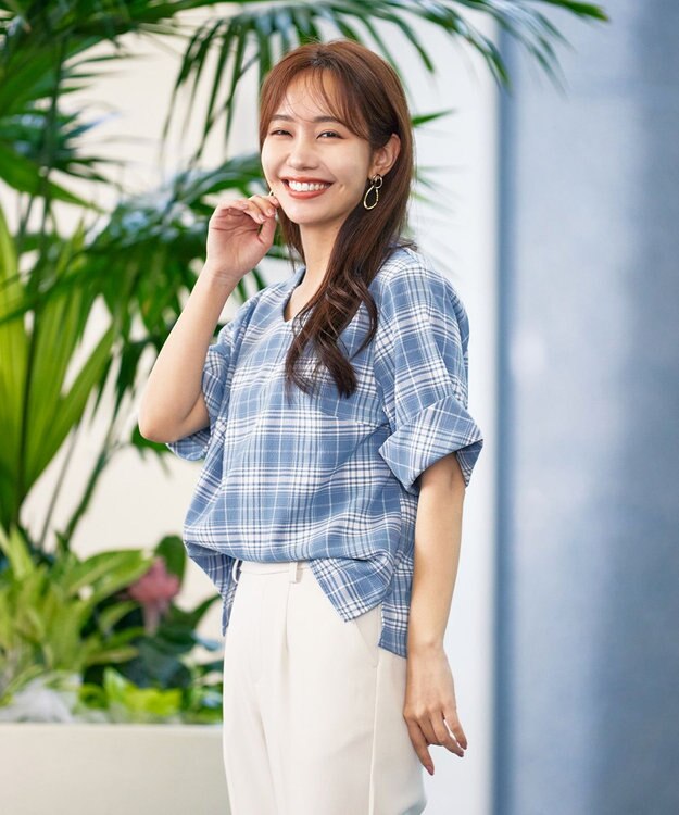 Tiaclasse L 【洗える】ゆったりシルエットの幅広カフスブラウス ブルーチェック