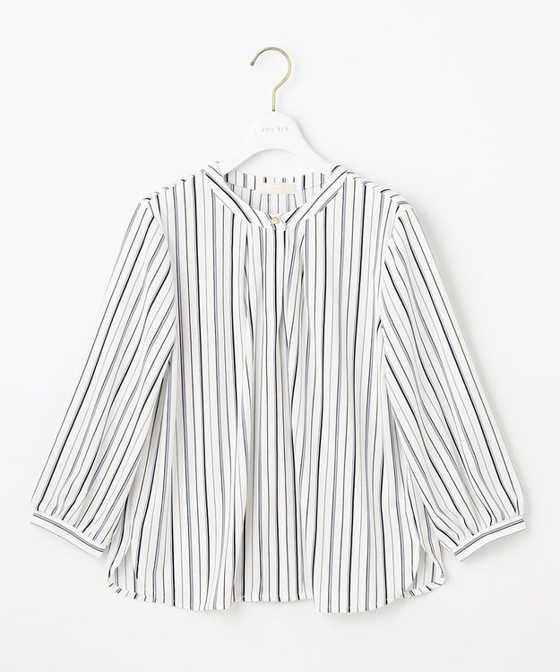 ANY SIS 【接触冷感・吸水速乾・UVケア】エアリードレープスムース 七分袖ブラウス オフストライプ