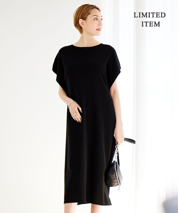 ICB 【WEB限定・洗える】ドライコットンアセテート  サイドスリットワンピース ブラック系