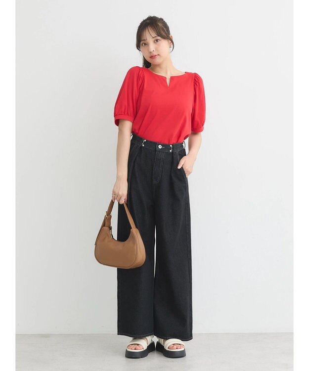 earth music&ecology パフスリーブキラリポイントプルオーバー Red