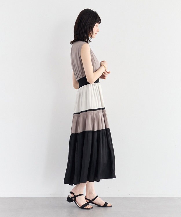 YECCA VECCA マルチカラーシャーリングワンピース Beige