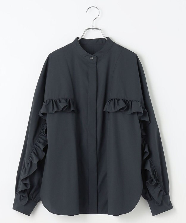 #Newans 【シワになりにくい/洗濯機可能】ラウンドフリルバンドカラーシャツ ネイビー