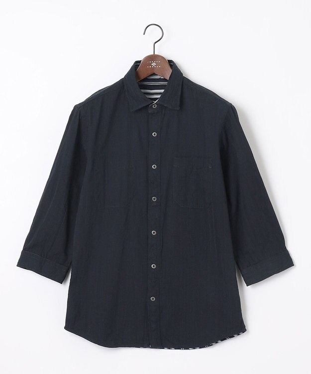 JOSEPH ABBOUD 【1枚で2通りの着こなし】オーガニックコットンリバーシブル 七分袖シャツ ネイビー系1