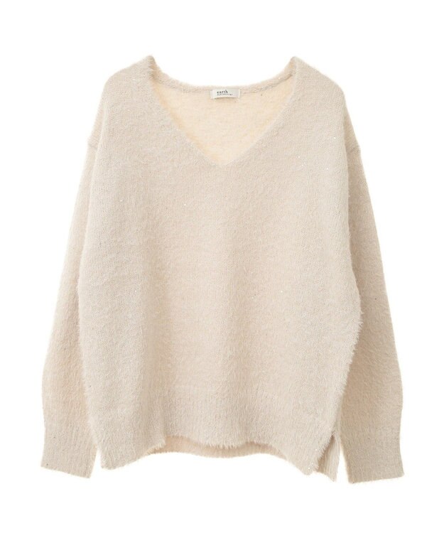 earth music&ecology スパンコールシャギーＶネックプルオーバー Ivory