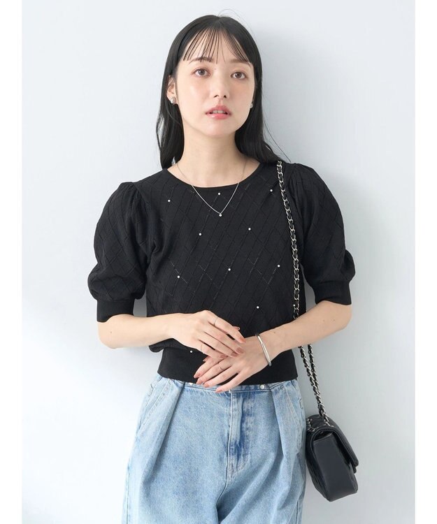 earth music&ecology アーガイルスカシパールニットプルオーバー Black