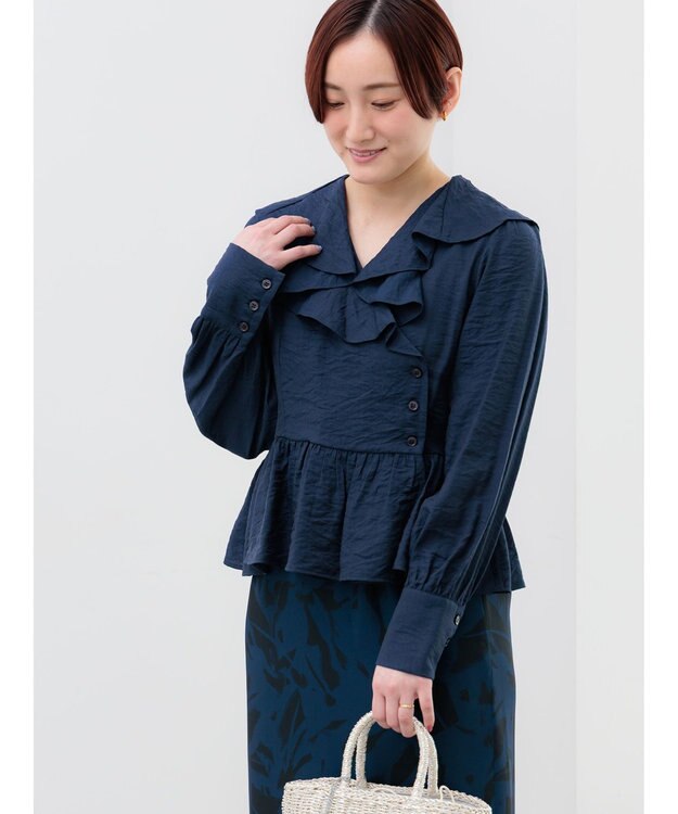 Te chichi ラッフルフリルペプラムブラウス ネイビー
