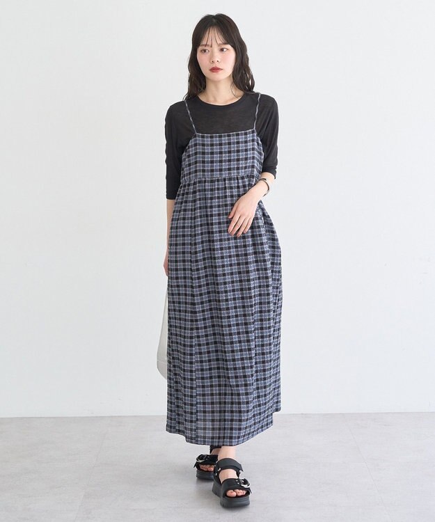 earth music&ecology シャーリングラメチェックキャミワンピース Black