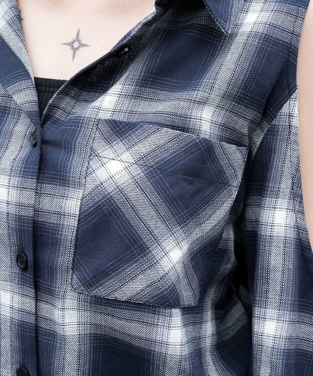 WEGO オープンショルダーチェックBIGシャツ ネイビー