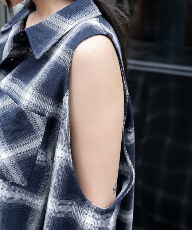 WEGO オープンショルダーチェックBIGシャツ ネイビー