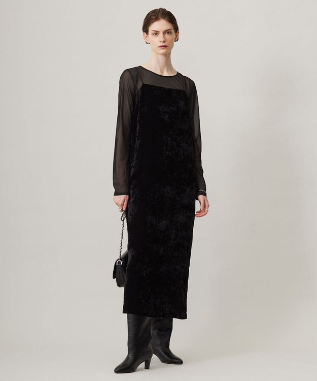 ICB L 【洗える】 シアーベルベット キャミソールワンピース ブラック系