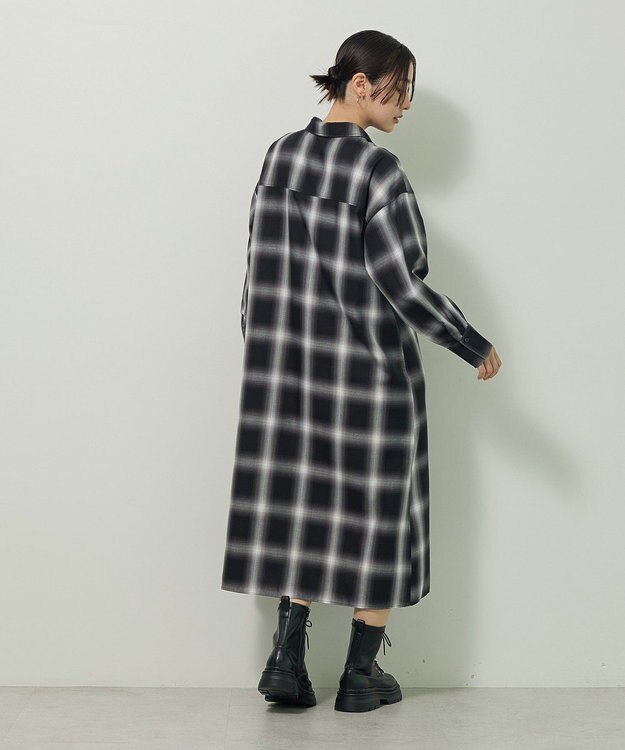 Green Parks ロングシャツワンピース Check Black