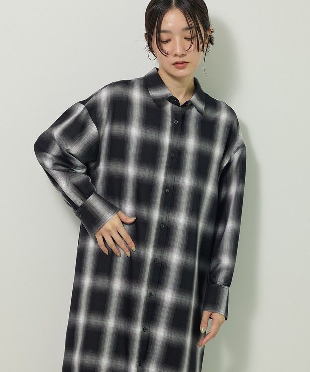 Green Parks ロングシャツワンピース Check Black