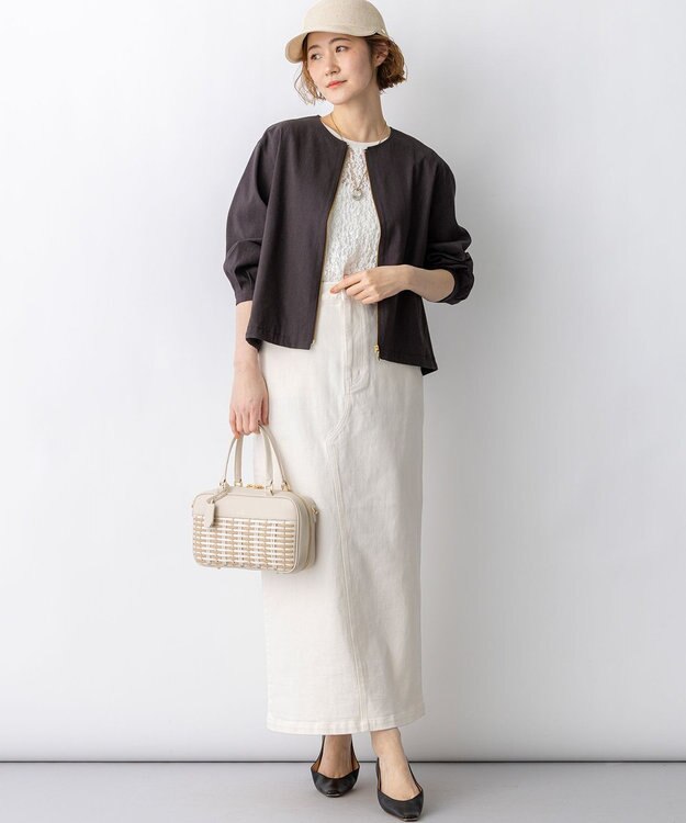 23区 リネンレーヨンストレッチ ノーカラー ブルゾン ダークブラウン系