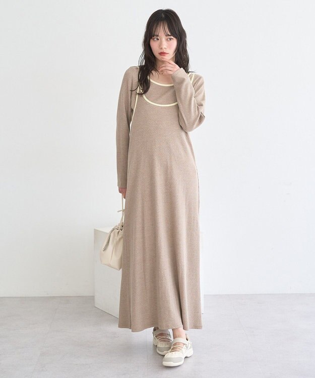 earth music&ecology 【2点SET】レイヤードバイカラーカットワンピース ベージュ