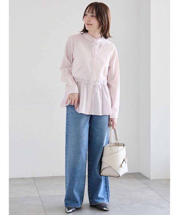 Te chichi パール釦スタンドフリルペプラムブラウス ピンク