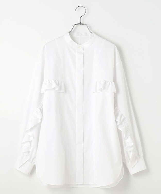 #Newans 【シワになりにくい/洗濯機可能】ラウンドフリルバンドカラーシャツ ホワイト